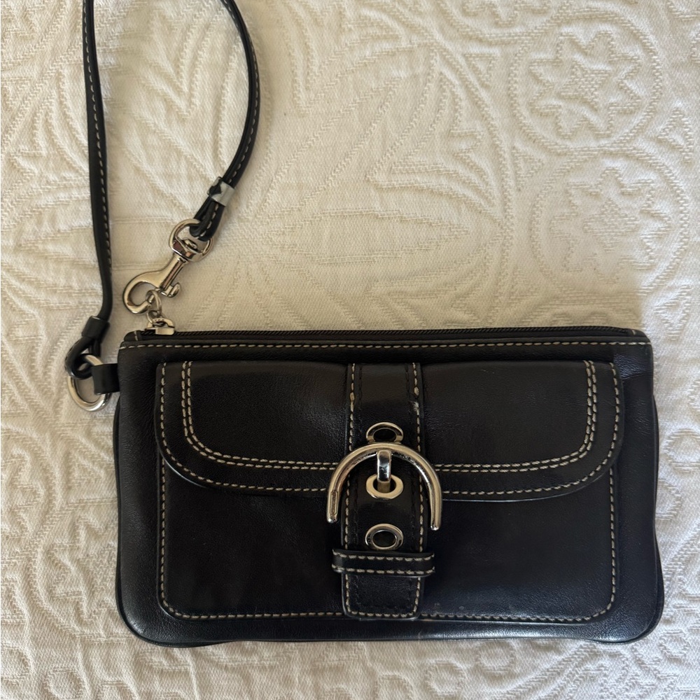 Coach Black Leather Wristlet with Silver Buckle and White Stitching